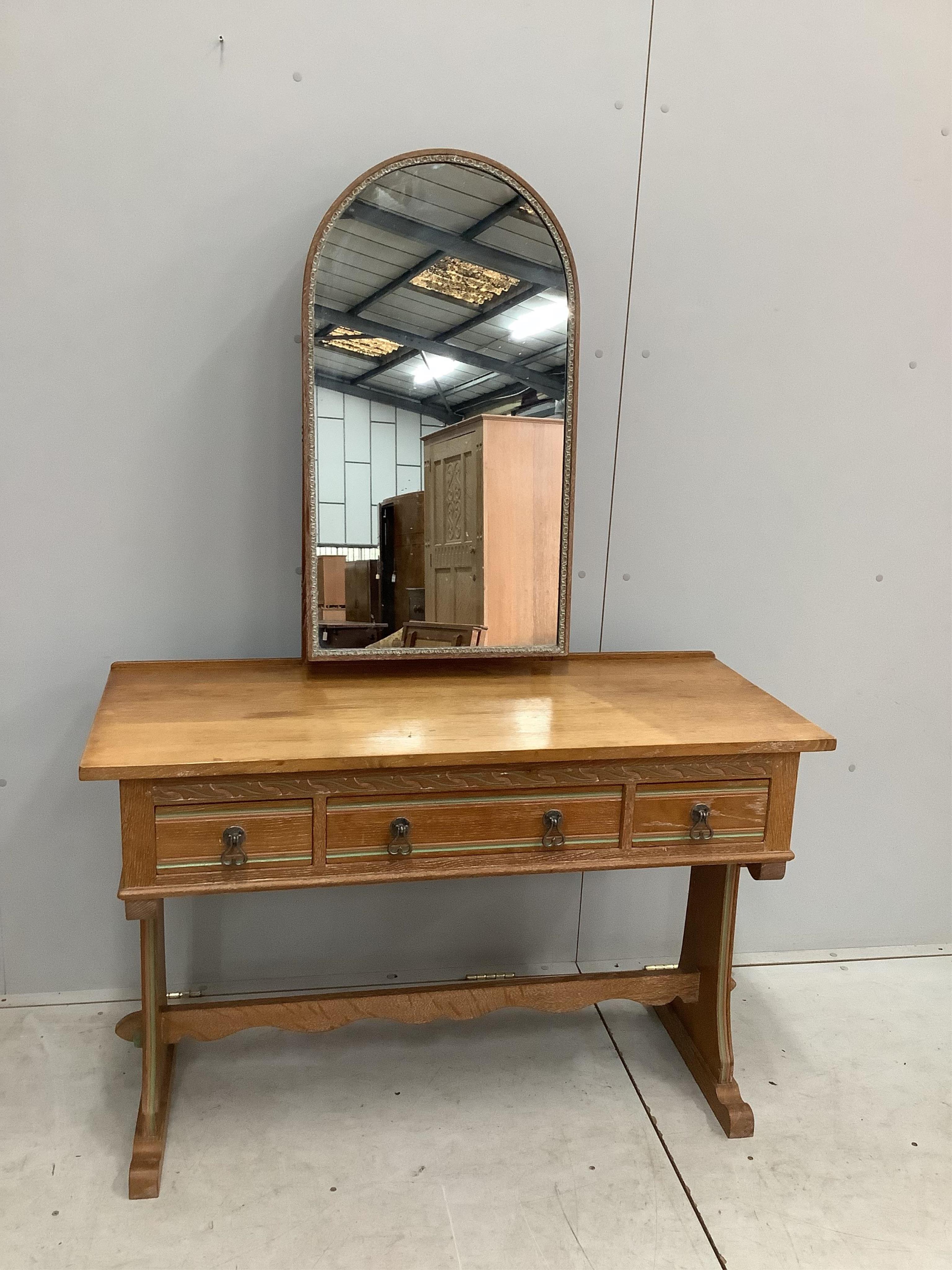 A painted limed oak eight piece bedroom suite, comprising a pair of three drawer chests, pair of bedside cabinets, dressing table stool, wardrobe and headboard. Condition - fair